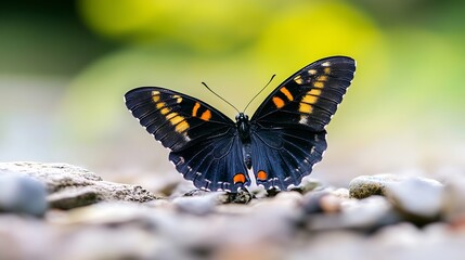 Fototapeta premium Stunning closeup of a vibrant butterfly resting on a rocky surface with blurred background : Generative AI