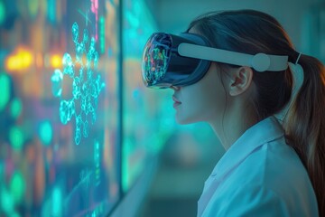 A scientist uses a VR headset to analyze molecular structures displayed on a screen, enhancing research and development in biotechnology.