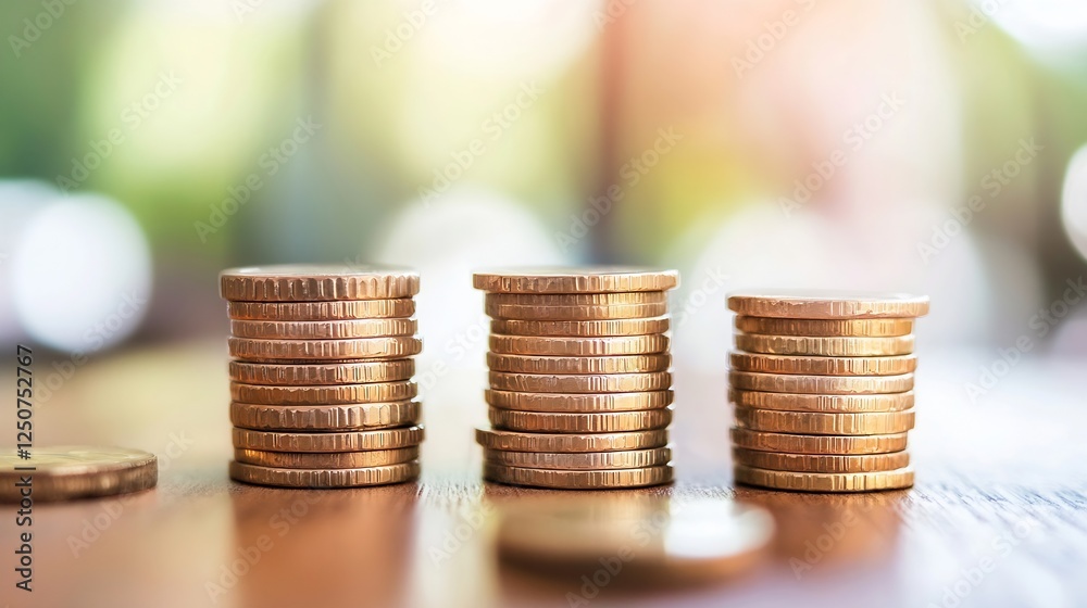 Poster Stacks of coins representing savings and investment on a wooden surface with smooth bokeh background : Generative AI