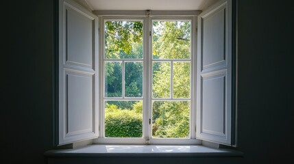 A wide-open window with elegant white framing, allowing a fresh breeze and sunlight to flow in.