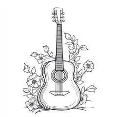 Simple Coloring Book Page Guitar with Floral Ornaments