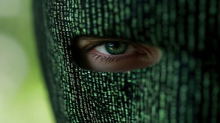 Intriguing closeup of a masked figure with green coding reflecting in the eye symbolizing secrecy : Generative AI