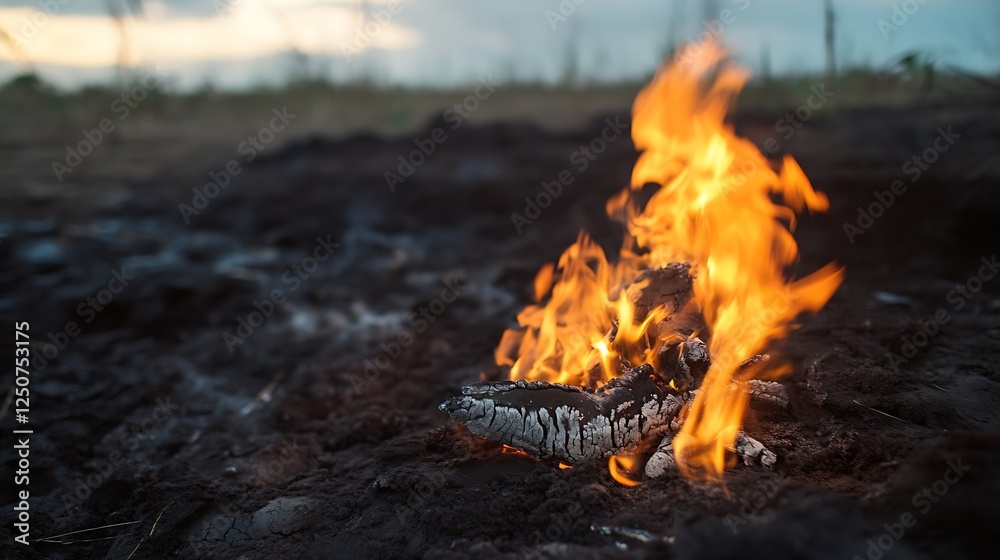 Poster A mesmerizing close up of a vibrant fire burning on the ground creating an atmospheric scene in nature : Generative AI