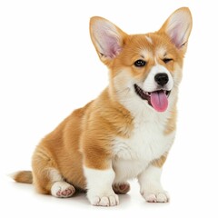 happy Puppy Welsh Corgi 14 Weeks old, dog winking, panting and sitting isolated on white
