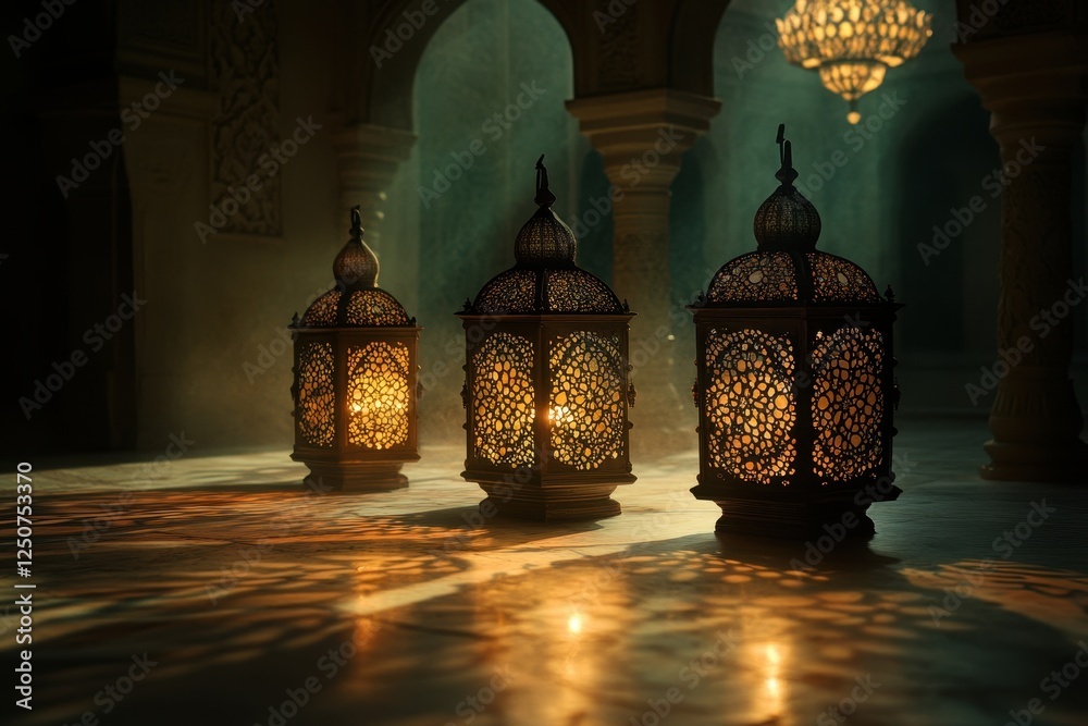 Poster three illuminated lanterns in ornate hall.