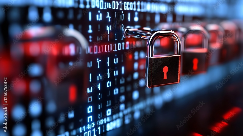 Poster Modern digital security concept featuring locked padlocks connected to a data network representing cybersecurity : Generative AI