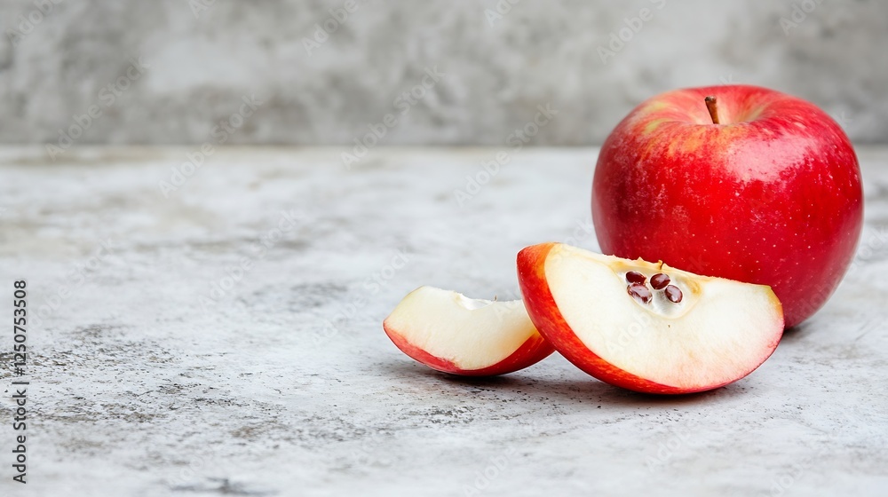 Poster Fresh Red Apple Slices on Rustic Countertop with a Whole Apple Beside Them : Generative AI