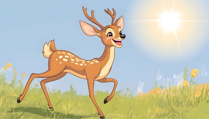 Obraz premium Happy Fawn Running In Sunny Meadow