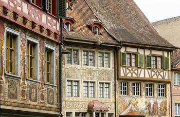 Frescoes depicting village life on the painted houses of the old town of Stein am Rhein, Canton Schaffhausen, Switzerland