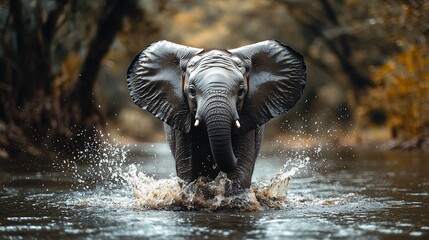 Majestic elephant crossing water in African safari. Nature photography, travel brochure
