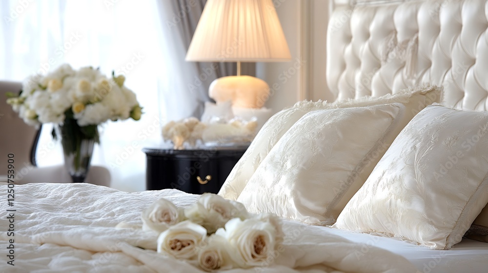 Poster a beautifully arranged bed with plush pillows and roses set against a backdrop of soft curtains and 