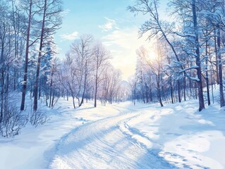 Fototapeta premium Tranquil winter landscape serene forest pathway nature photography snowy environment long shot twilight serenity
