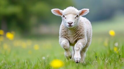 Fototapeta premium Adorable lamb running freely in a grassy meadow filled with vibrant flowers evoking feelings of joy and playfulness : Generative AI