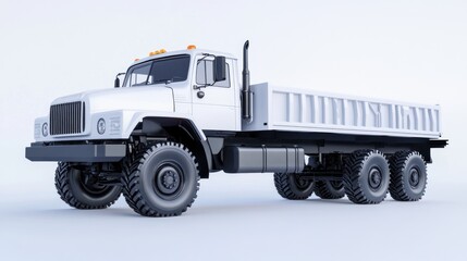 White Industrial Truck with Rugged Tires on Plain Background