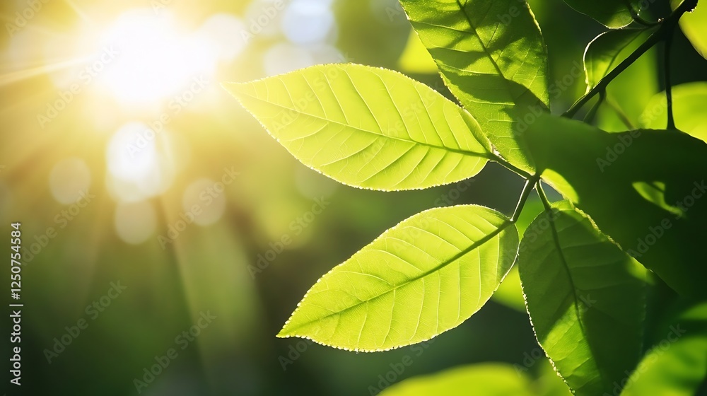 Poster vibrant green leaves illuminated by sunlight in a lush forest setting creating a tranquil atmosphere