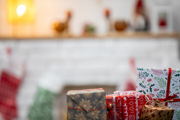 A Cozy Holiday Scene with Beautifully Wrapped Gifts and Colorfully Decorated Stockings