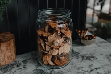 Minimalistic display of dried mushrooms in jar on marble surface for kitchen decor