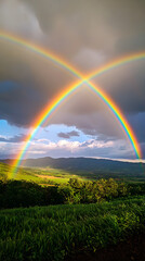 Naklejka premium A Rare Quadruple Rainbow Arcs Across a Serene Landscape, Capturing Nature's Majestic Light Spectrum in a Breathtaking Display