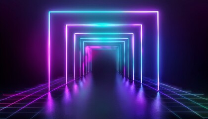 3d render, virtual reality environment, neon light, square portal, tunnel, ultraviolet spectrum, abstract background, laser show, fashion catwalk podium, path, way, stage, floor reflection