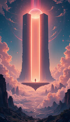 otherworldly space horizon with soft neon vapor clouds, an enormous glowing portal in the sky, and a small human figure gazing at an ancient floating monolith radiating energy beams