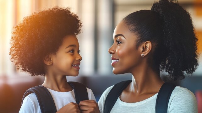 Mother s Love. Back to School, Mom Fastening Daughter s Backpack Before the First Day