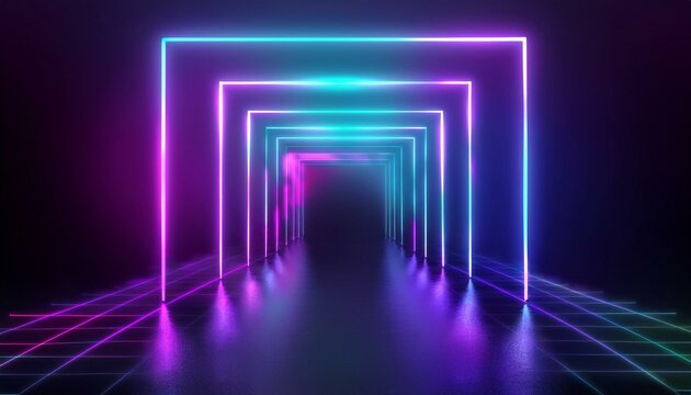 3d render, virtual reality environment, neon light, square portal, tunnel, ultraviolet spectrum, abstract background, laser show, fashion catwalk podium, path, way, stage, floor reflection