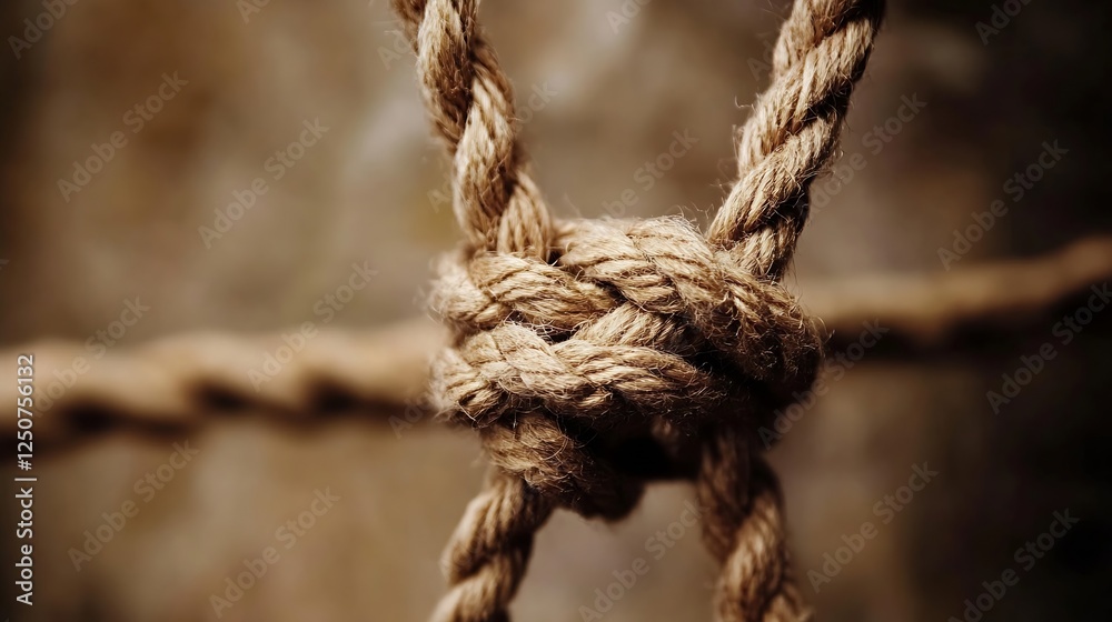 Aufkleber Close up view of a beautifully tied knot in natural rope with blurred background emphasizing craftsmanship : Generative AI