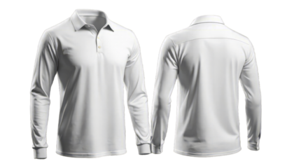Classic white long sleeve polo shirt shown front and back, perfect for casual or business wear. Transparent background