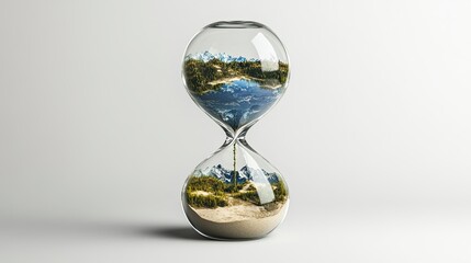 Earth-inspired hourglass design, featuring landscapes of forests and deserts to illustrate climate change effects.