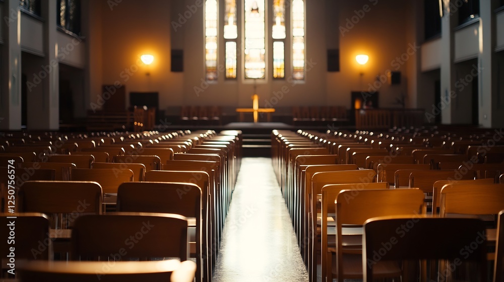 Poster Interior view of a serene church with rows of empty wooden chairs illuminated by soft lighting : Generative AI
