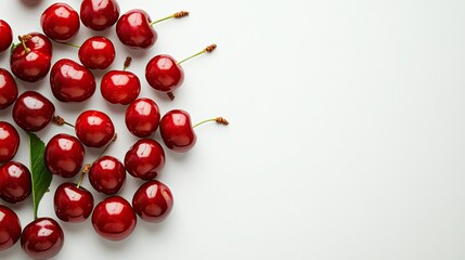 Fresh red cherries with glossy skin and stems, beautifully arranged on a clean white background with space for text.
