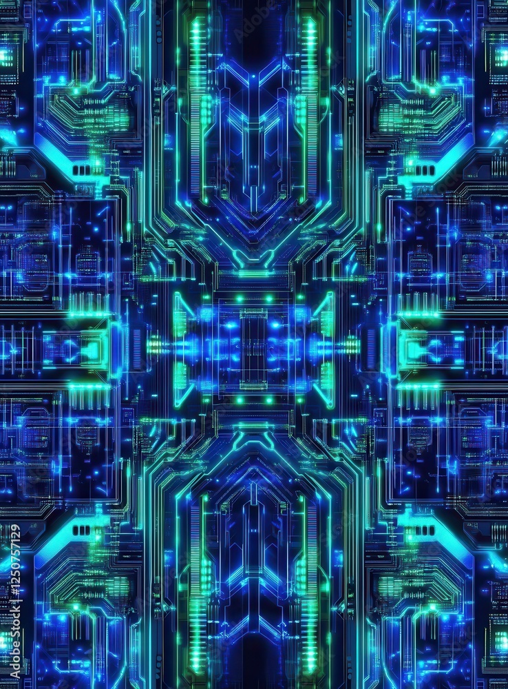 Aufkleber abstract symmetrical glowing blue and green circuit board pattern.