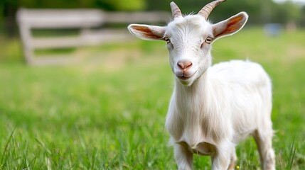 Naklejka premium Happy white goat standing on green grass with charming smile in outdoor setting : Generative AI