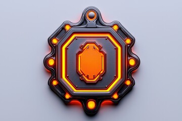 Vibrant badge with neon orange accents, against white background