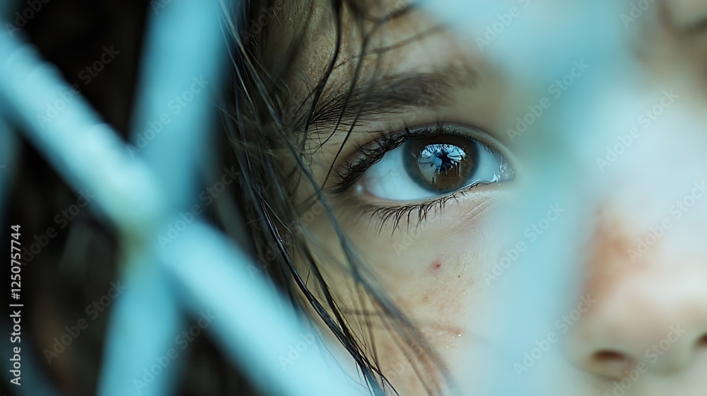 Poster close up portrait of a young child gazing through a fence highlighting innocence and curiosity : gen