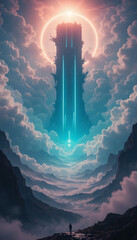 otherworldly space horizon with soft neon vapor clouds, an enormous glowing portal in the sky, and a small human figure gazing at an ancient floating monolith radiating energy beams