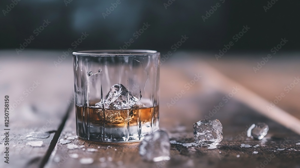 Poster a glass of whiskey filled with ice cubes standing on a rustic wooden table capturing a cozy vibe : g