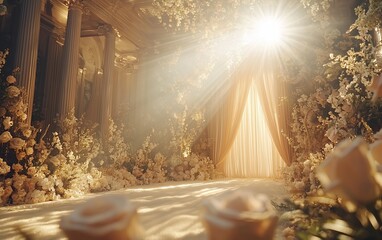 Elegant wedding ceremony venue, soft light, floral decor