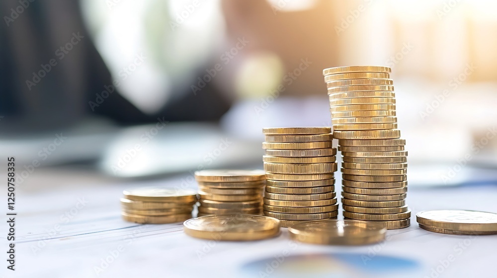 Poster Stacks of Gleaming Gold Coins Piled on Table Symbolizing Wealth and Financial Prosperity : Generative AI