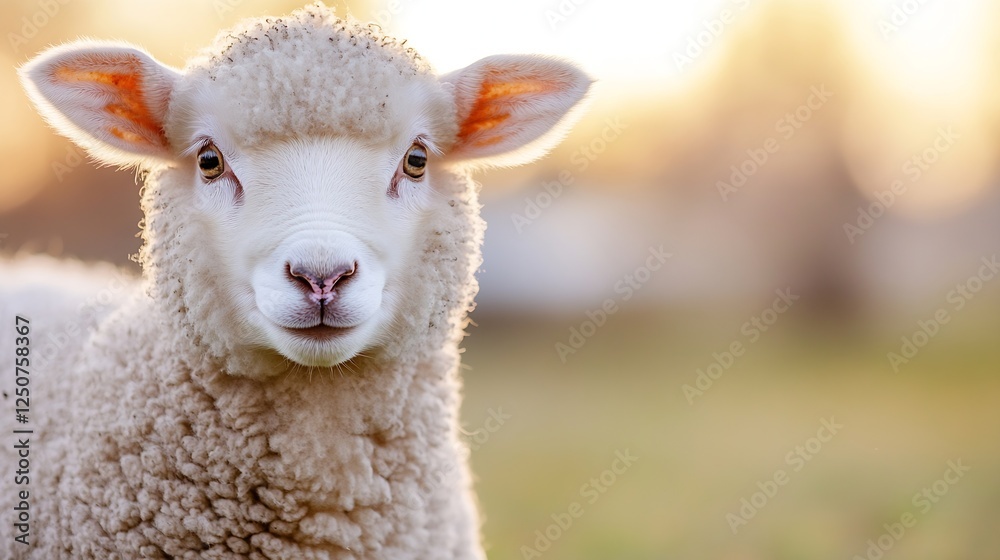 Poster a closeup of an adorable sheep smiling in a green meadow during golden hour : generative ai