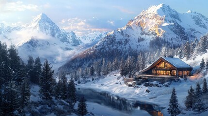Mountain cabin in snowy landscape majestic mountains scenic photography winter wonderland warm light three-quarter view