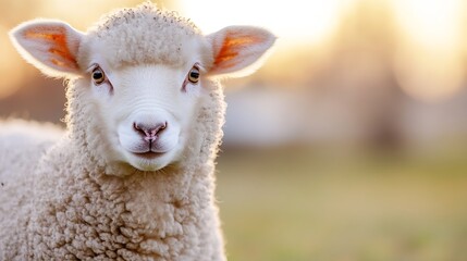 Fototapeta premium A closeup of an adorable sheep smiling in a green meadow during golden hour : Generative AI