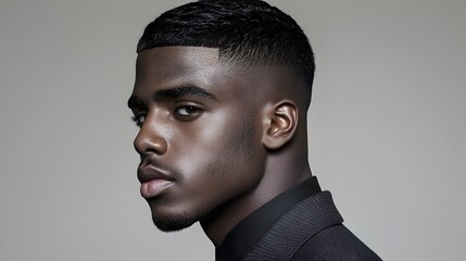 Obraz premium studio portrait of a confident well dressed young man wearing a tailored suit and sporting a stylish fade haircut The soft dramatic lighting creates a sophisticated moody atmosphere