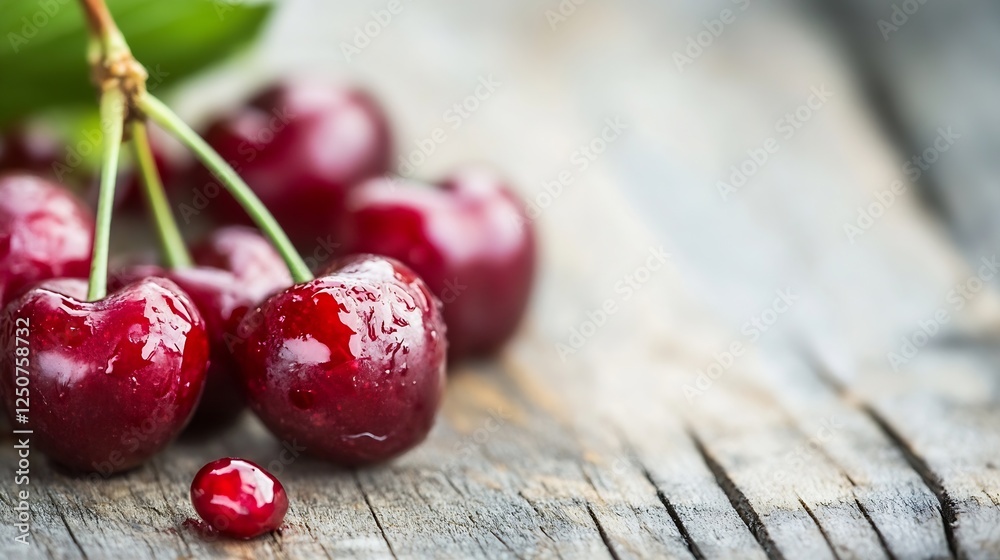 Poster fresh cherries with droplets of water resting on wooden surface showcasing vibrant color and freshne