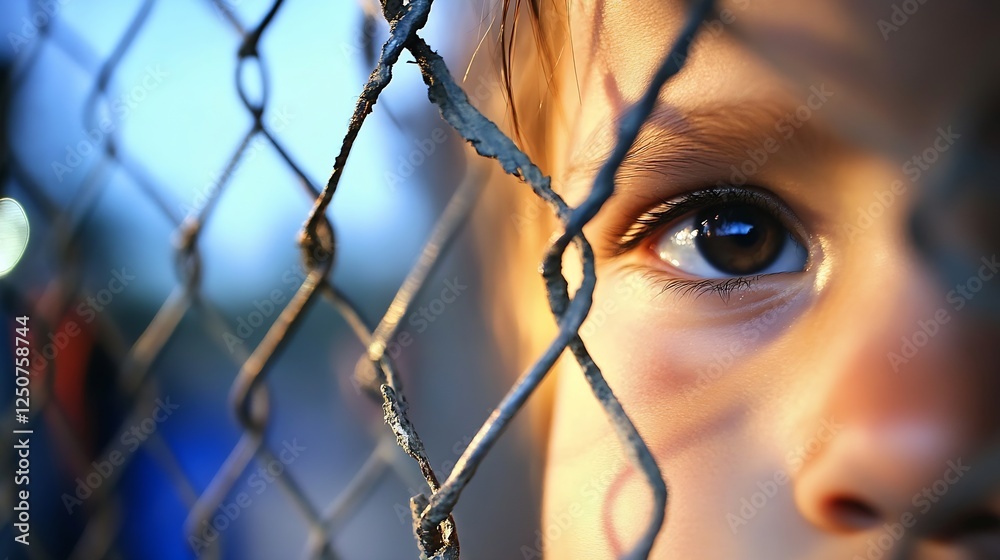 Poster intense closeup of a child's eye through a chainlink fence revealing innocence and longing : generat
