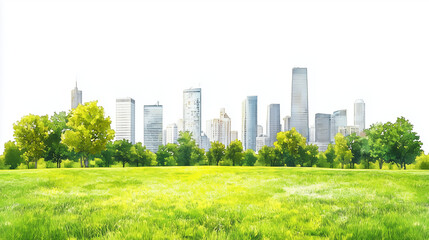 Fototapeta premium Lush green park landscape with grassy field, trees, and modern skyscrapers on white background. Urban skyline with open meadow and office buildings in the distance, perfect for eco-friendly and citysc