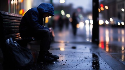 Obraz premium Rainy Night with Person in Hood Awaiting on Wet Urban Street : Generative AI