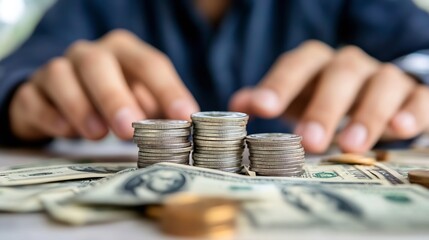 Closeup view of hand stacking coins on a table representing financial growth and investment strategy : Generative AI