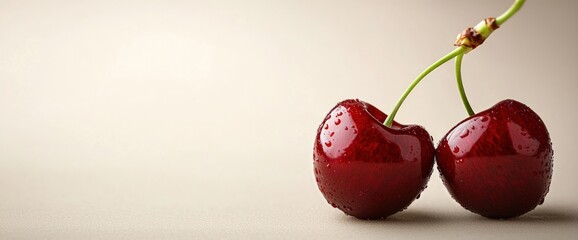 Vibrant red cherry with its stem intact against the white background.