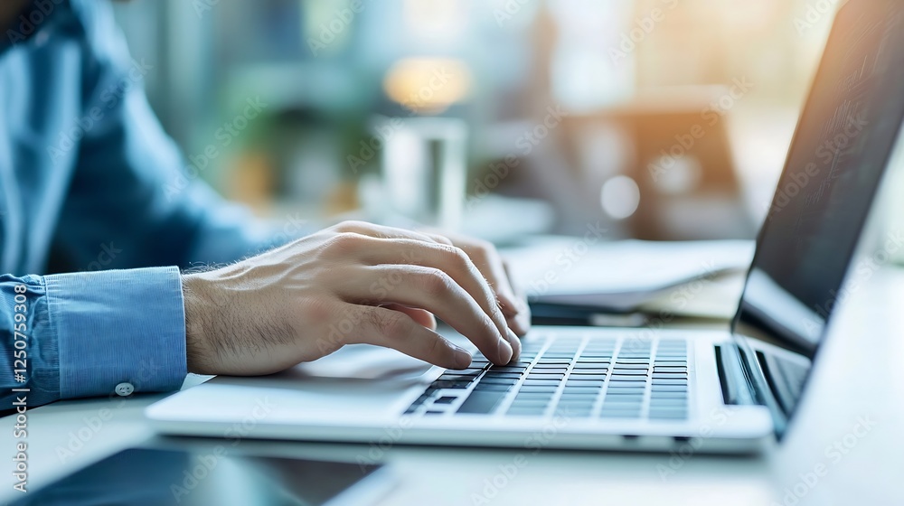 Poster close up of a business person's hands typing on a laptop keyboard in a modern office : generative ai